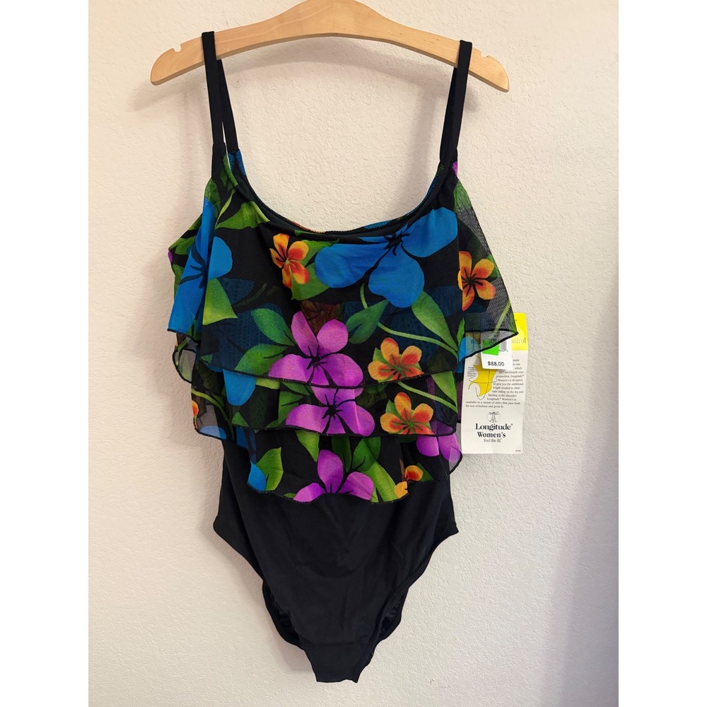 NWT Longitude Inches Away Floral Ruffle One Piece Swimsuit Black Plus Size 24W